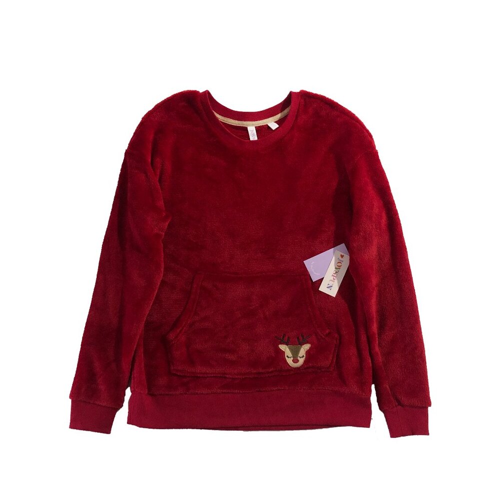 NWT Joyspun Sweater Girls S Red Crewneck Fuzzy Long Sleeve Front Pocket Pullover